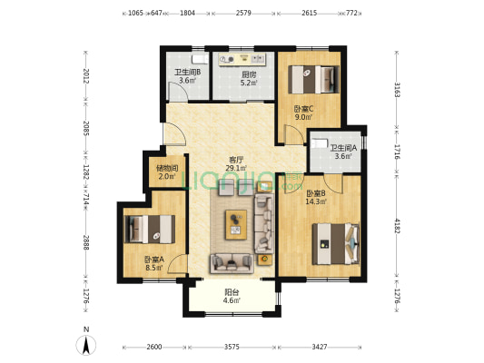 新和锦园 3室1厅2卫 107平方