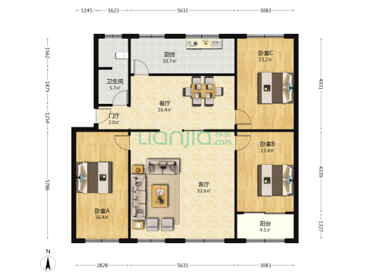 政六街27 3室2厅1卫 132平方