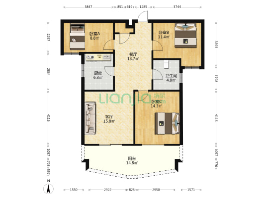 万丰香樟公馆 3室2厅1卫 110平方