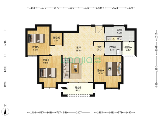 秀茂花园 3室1厅1卫 105平方