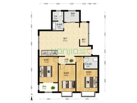 龙腾蘭苑 3室2厅3卫 117平方