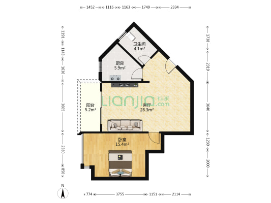 恒大外滩 1室1厅1卫 76平方