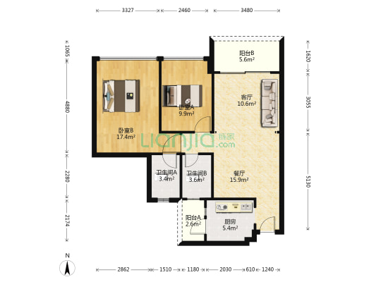 朗晴盛荟 2室2厅2卫 93平方