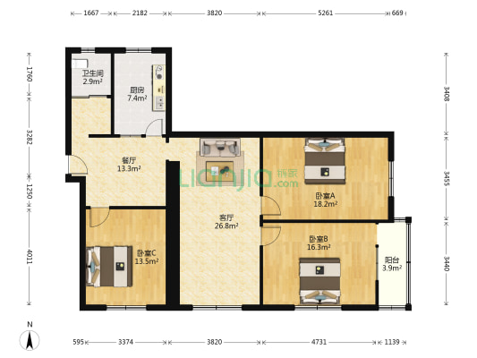 华城雅居 3室2厅1卫 119平方