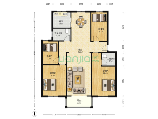 娱乐公寓小区 4室1厅2卫 137平方