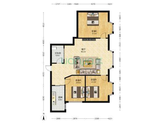 昆仑大厦 3室1厅1卫 120平方