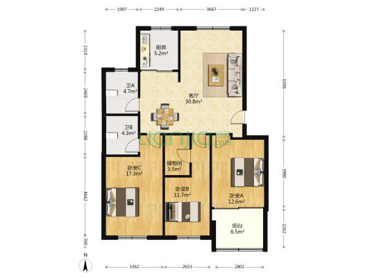瑞丽家园 3室1厅2卫 116平方