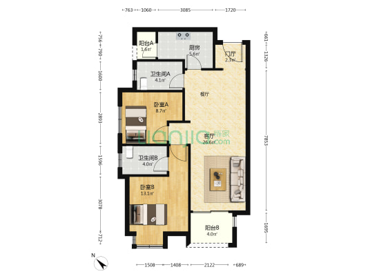 齐通苑一期 2室1厅2卫 96平方