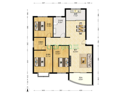 羿景嘉园 3室1厅1卫 134平方