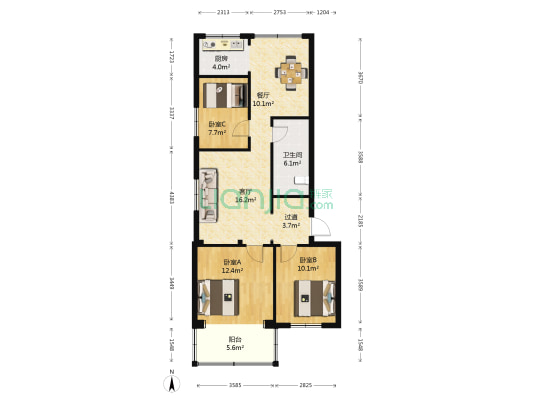 农业银行宿舍小区 3室2厅1卫 91平方