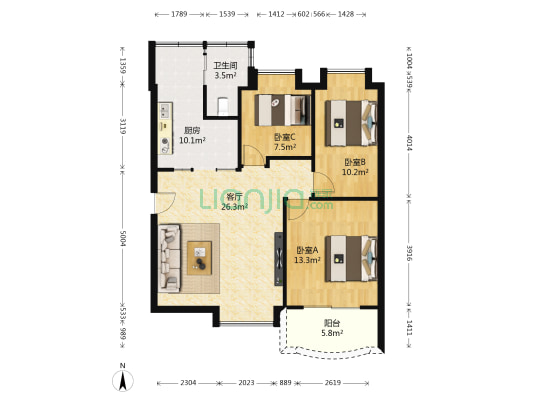 上社规划局宿舍设计院 3室1厅1卫 83平方