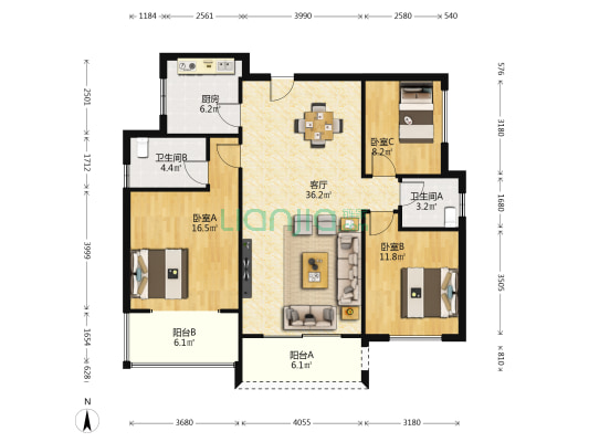 星月绿洲 3室1厅2卫 119平方