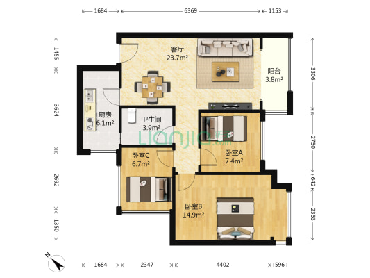 蓝光金悦金沙 3室1厅1卫 84平方