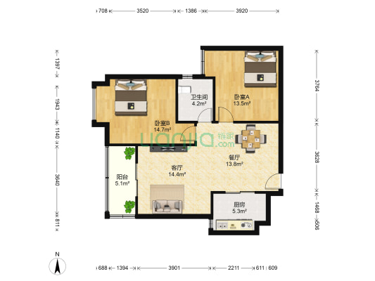 水岸国际峯岚天下 2室2厅1卫 91平方
