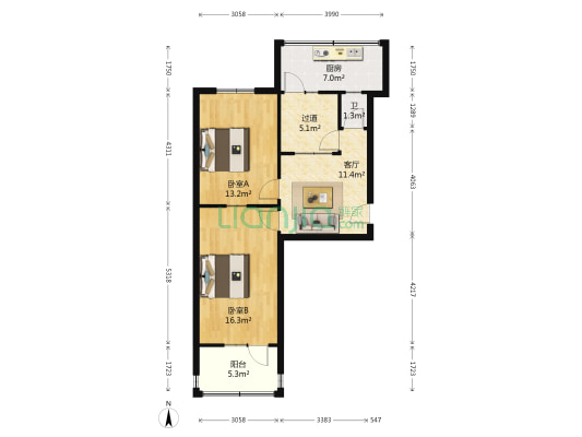 市歌舞团宿舍 2室1厅1卫 77平方