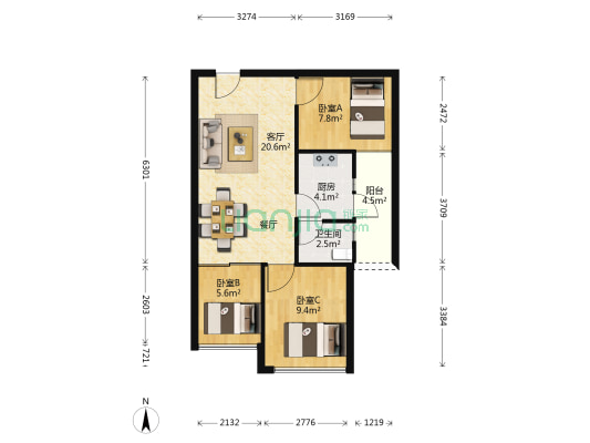 锦源国际 3室1厅1卫 66平方