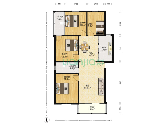 营东商住楼 4室2厅2卫 125平方