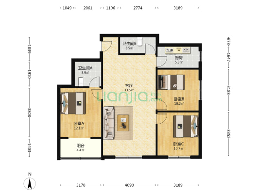 鑫磊鸿博苑 3室1厅2卫 109平方