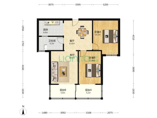 华盛名邸 2室2厅1卫 100平方