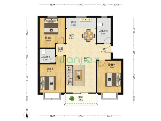 宏远教师家园 3室2厅2卫 129平方