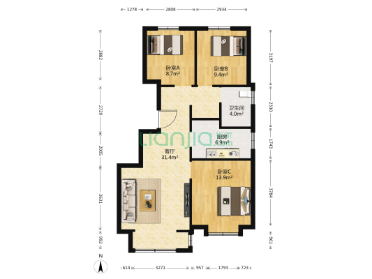 龙湖九里晴川 3室1厅1卫 103平方