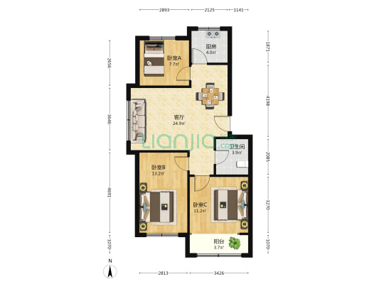 世纪花园 3室1厅1卫 85平方