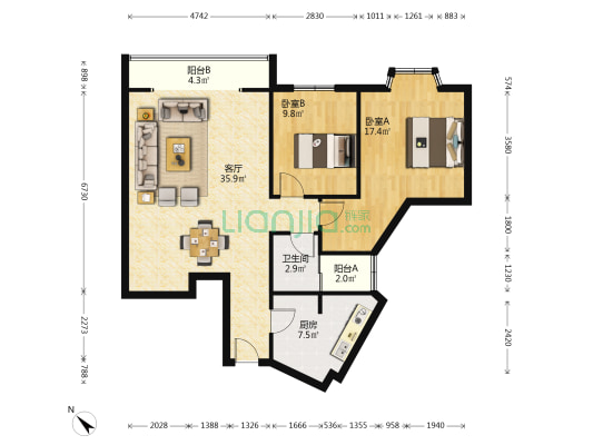 蝴蝶花园 2室1厅1卫 93平方