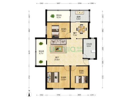 前卫机关宿舍 3室2厅1卫 88平方