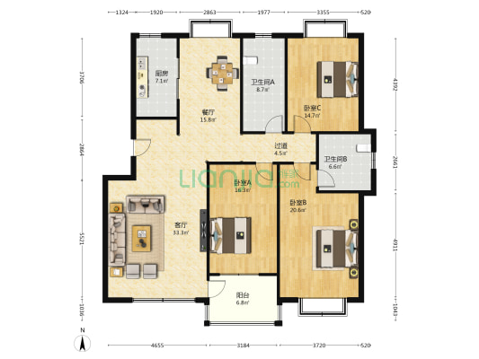 蓝天雅居 3室2厅2卫 161平方