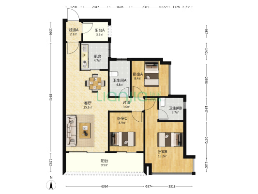 珠江海御 3室1厅2卫 113平方