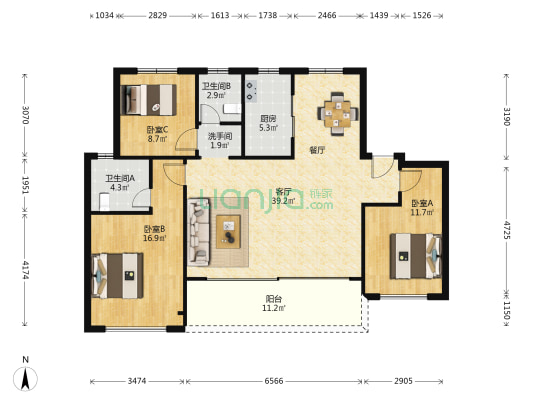 前山澜庭J区 3室1厅3卫 125平方