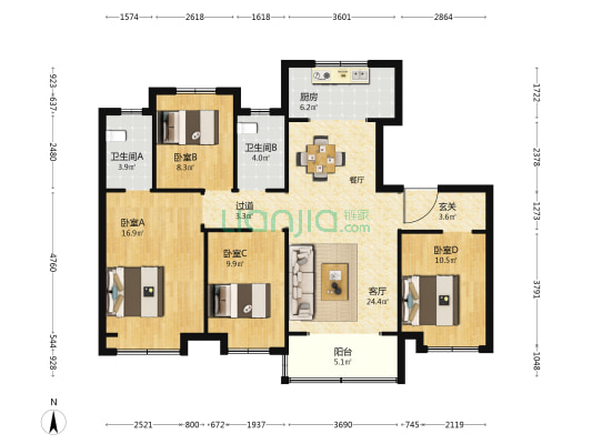 鲁商学府 4室1厅2卫 128平方
