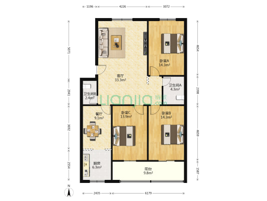 五金交电公司 3室2厅2卫 130平方