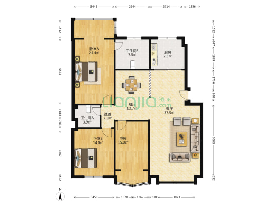 房湖苑 3室2厅2卫 145平方