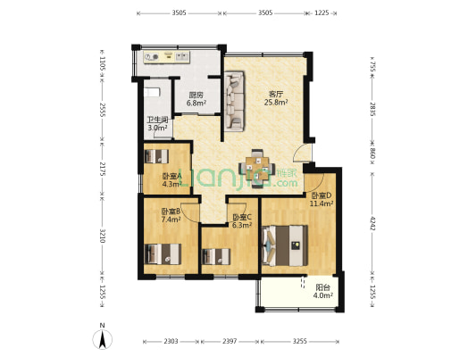 莲花山小区 4室1厅1卫 86平方