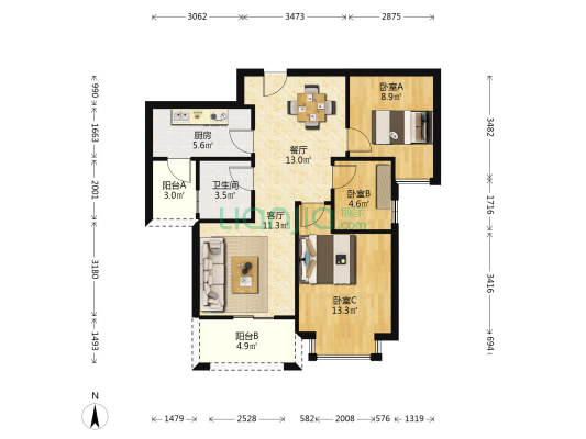 丰泰天禧 3室2厅1卫 86平方