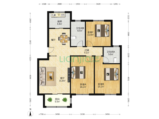 塘坊拆迁安置小区 3室1厅2卫 125平方