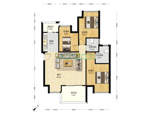 首钢铂春庭 3室1厅2卫 98平方