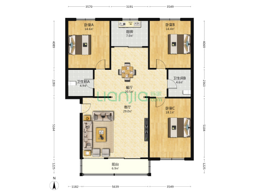 三鑫综合楼 3室2厅2卫 141平方