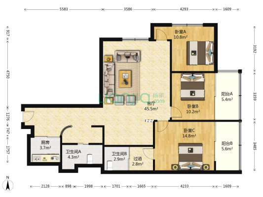 银辉城市花园 3室1厅2卫 147平方