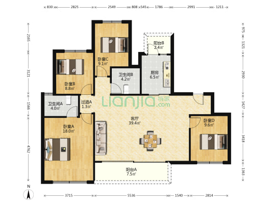 粼云上府 4室1厅2卫 140平方