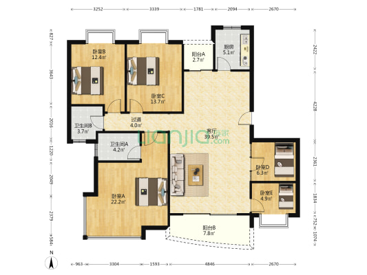 俊景花园C区 5室1厅2卫 143平方