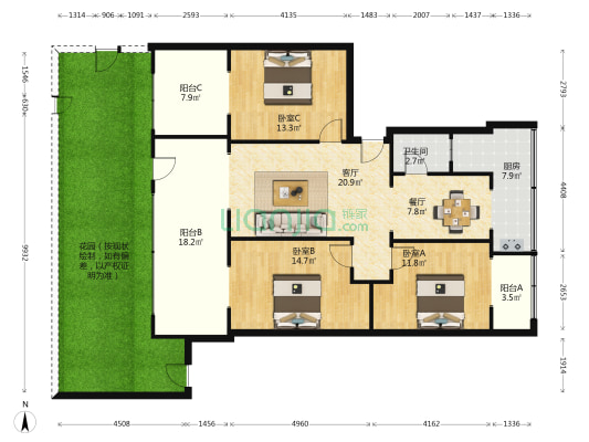 爵版街18号 3室2厅1卫 100平方