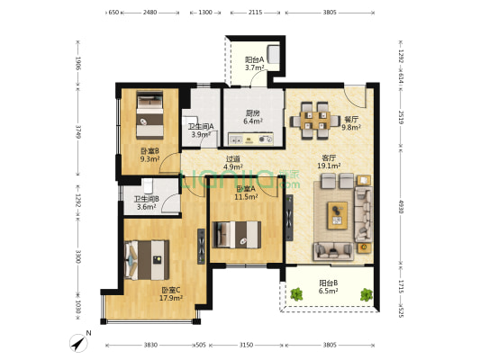 恒大绿洲三期 3室2厅2卫 118平方