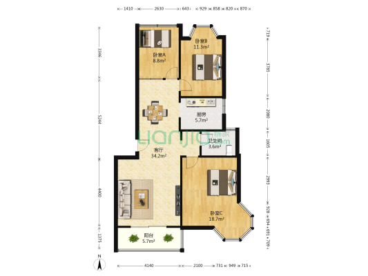 居住主题公园-丁香怡景多层 3室1厅1卫 89平方