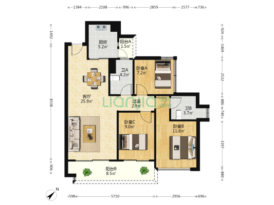 卓越海畔山 3室1厅2卫 96平方