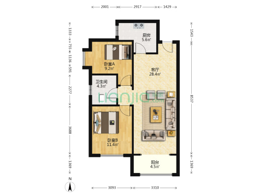 精装修 明卫2居 西边户 17层 采光视野好 满二-户型图