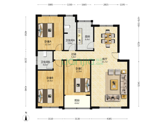 星沙工商银行宿舍 3室1厅2卫 122平方