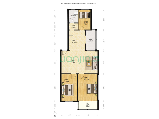 市场街2号院 3室2厅1卫 105平方