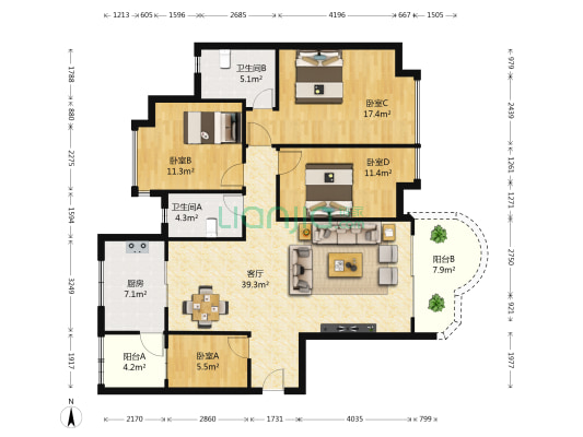 合生颐景华苑 4室1厅2卫 146平方